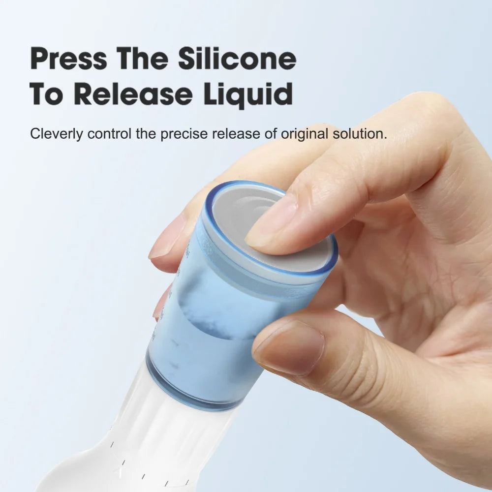 Hand pressing silicone top of S2 140-pin derma stamp for controlled serum release for scalp and face microneedling.