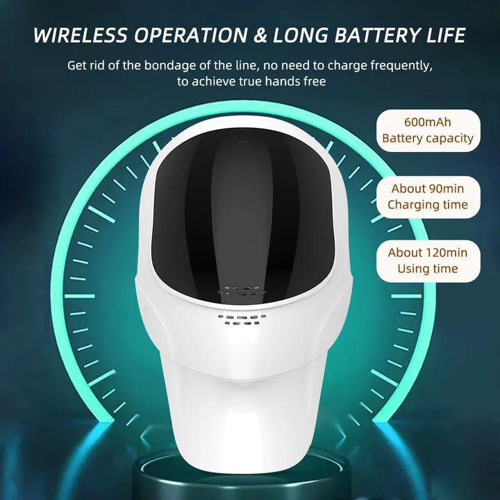 White and black wireless LED facial and neck mask for skin rejuvenation against a clock graphic background.