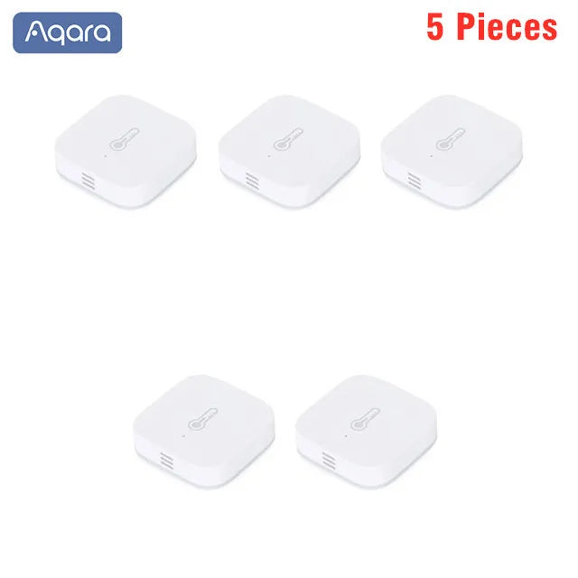 Five square white plastic Aqara temperature and humidity sensors with thermometer icons on a clean white background.