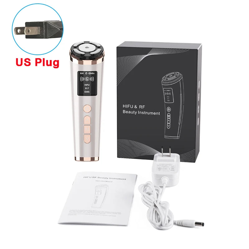Rose gold HIFU facial massager, black gift box, power adapter with US plug, and instruction manual on white background.