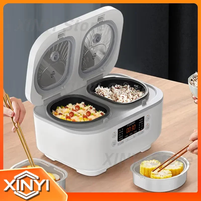 White mini smart rice cooker with open lid and two filled inner cooking trays