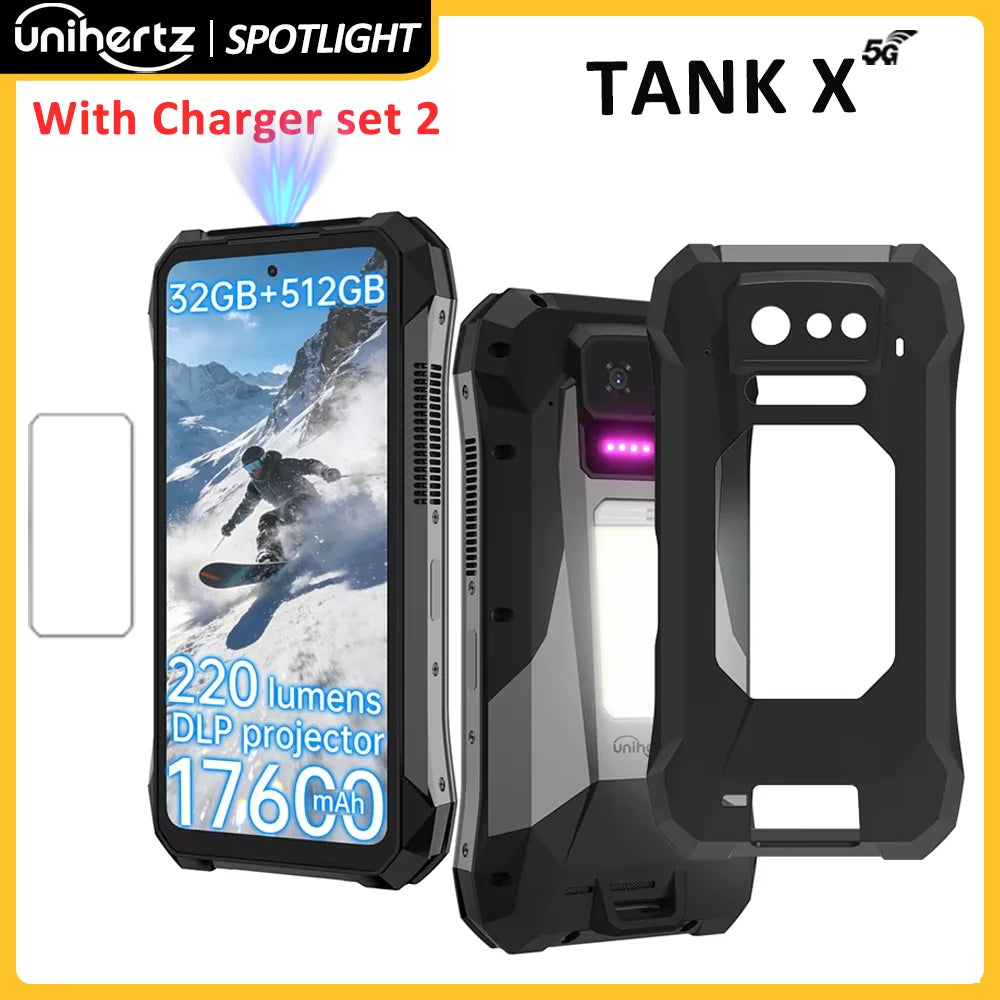 Unihertz TANK X 8849 5G Smartphone 32+512GB Built-in 1080P 220 lumen Projector 50MP+64MP Camara Android 15 17600mah Battery NFC