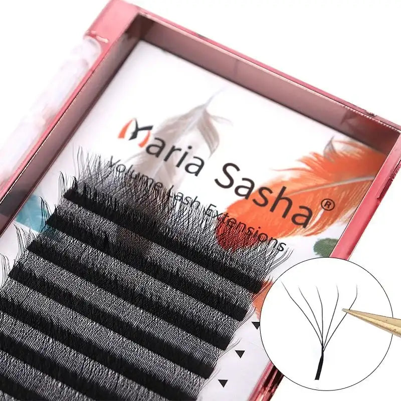 Black Maria Sasha 5D W-style volume eyelash extension tray with soft, natural fiber fans and tweezers.