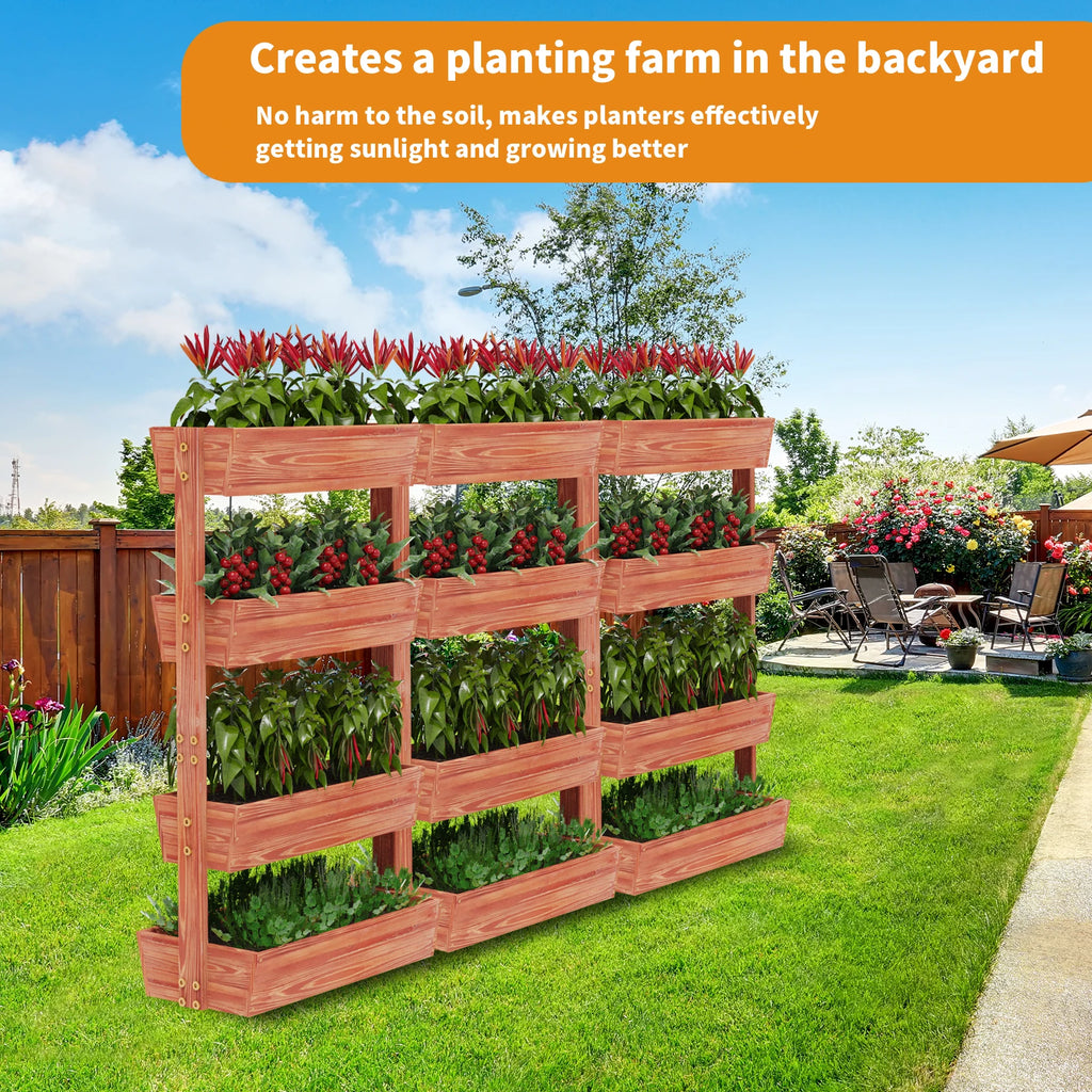 Reddish brown 4-tier vertical raised wooden planter box with lush planted greens and flowers
