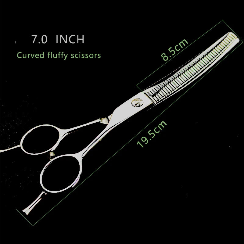 7-inch stainless steel curved pet grooming shears, fishbone thinning scissors for professional dog hair trimming.
