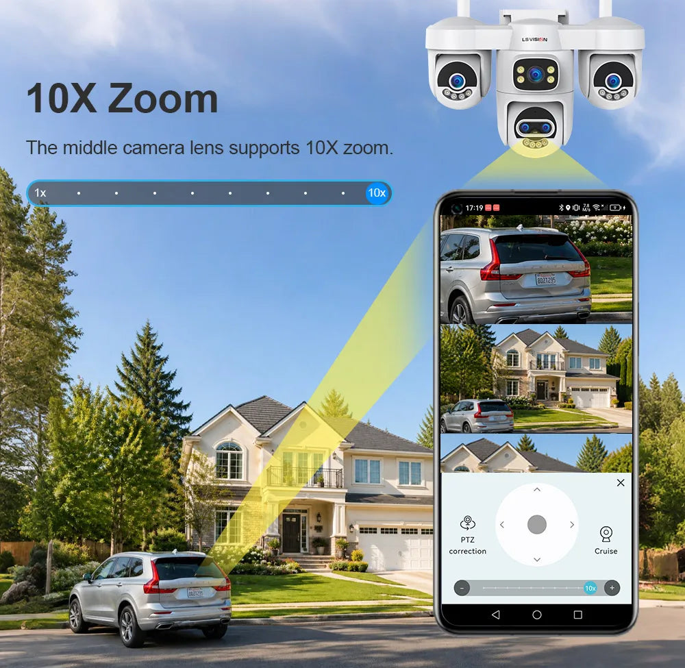 LS VISION 20MP 10X Zoom Three PTZ WiFi Security Camera Outdoor Four Screens 5-Lens Auto Tracking PC Client CCTV Cam Okam Pro App