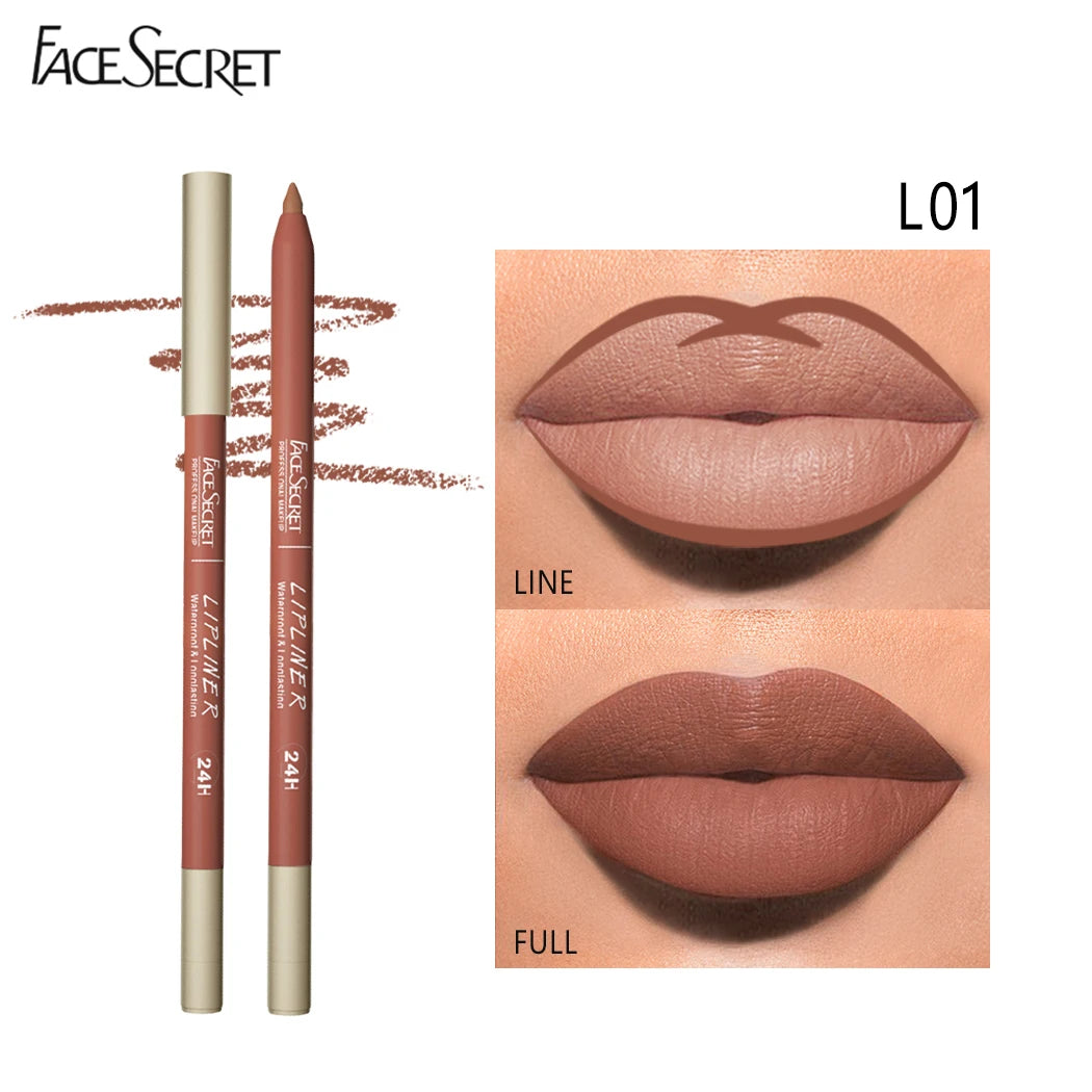 Face Secret waterproof velvet matte lip liner pencil in L01 nude brown, showing lip lining and full coverage application.