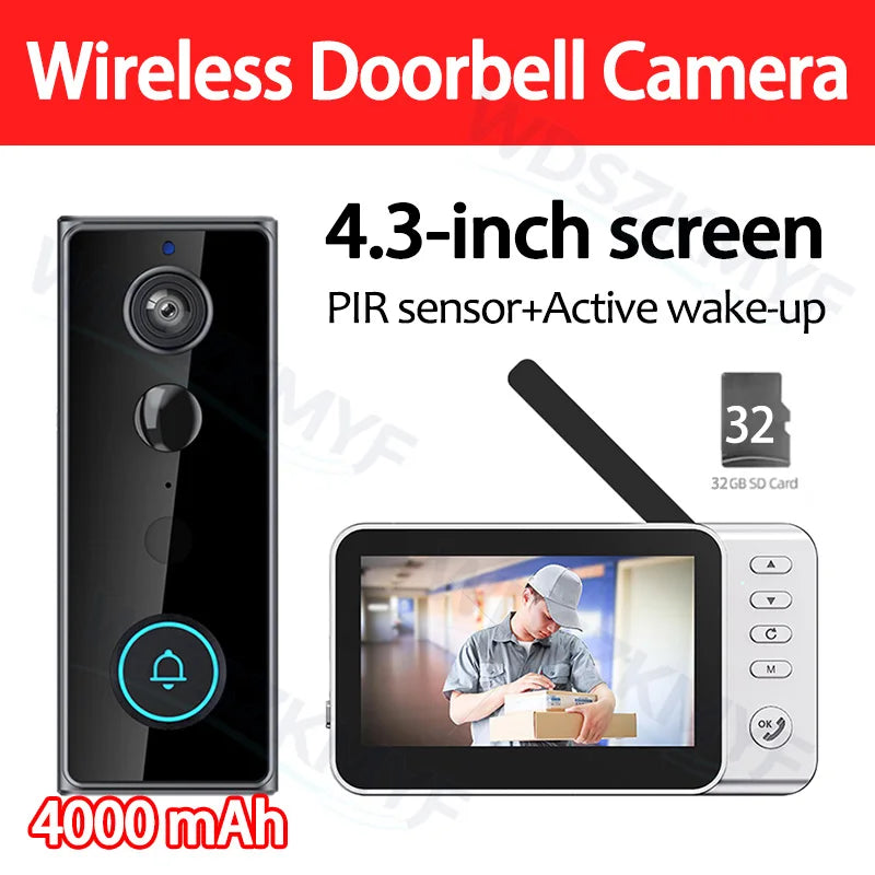 New Waterproof Wireless Doorbell Camera 4.3in IPS Screen Active Wake-Up Video Intercom Doorbell 1080P Home Security Door Bell