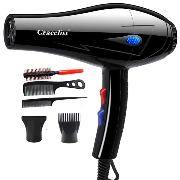 Black 1800W professional hair dryer with 5 styling attachments, hot/cold settings, and ergonomic heat control buttons.