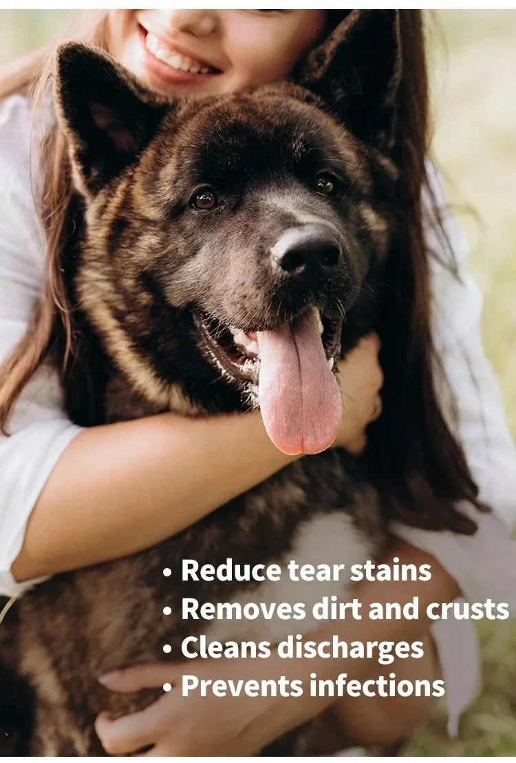 Happy dog being held by owner, using pet eye wipes to remove tear stains and crust for clean, healthy eyes.