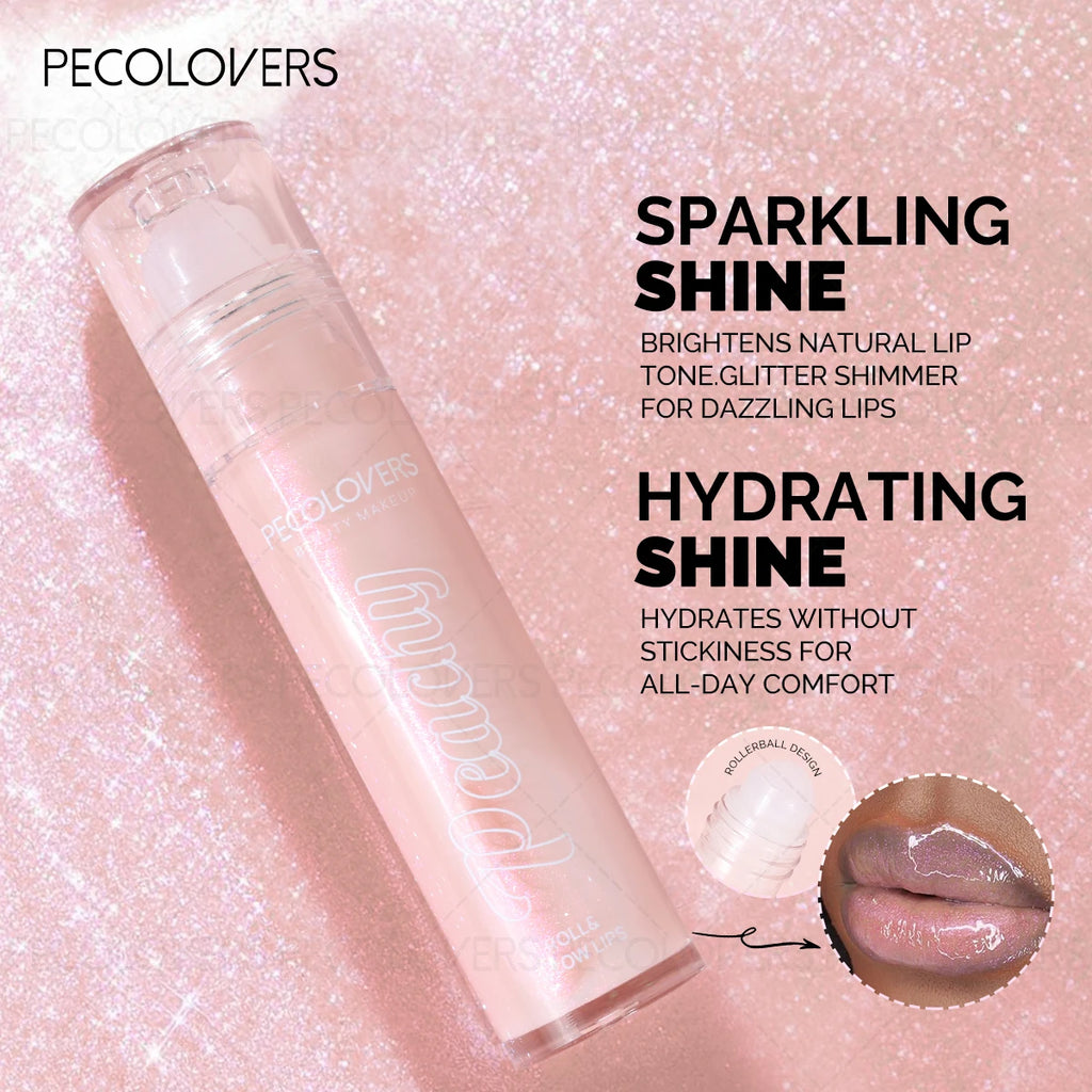 Pecolovers moisturizing lip gloss with shimmer, rollerball applicator, and long-lasting hydrating shine for glossy lips.