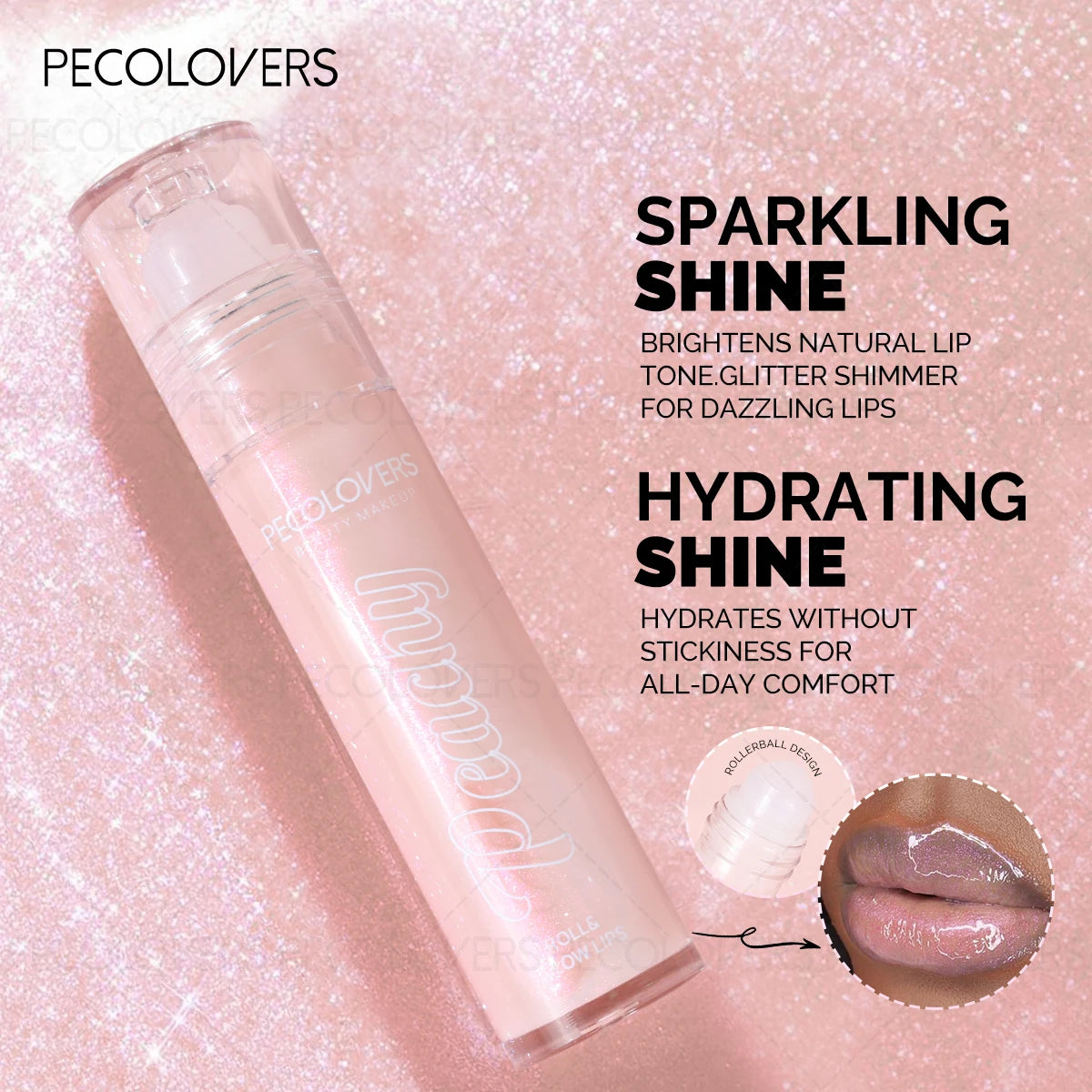 Pecolovers moisturizing lip gloss with shimmer, rollerball applicator, and long-lasting hydrating shine for glossy lips.