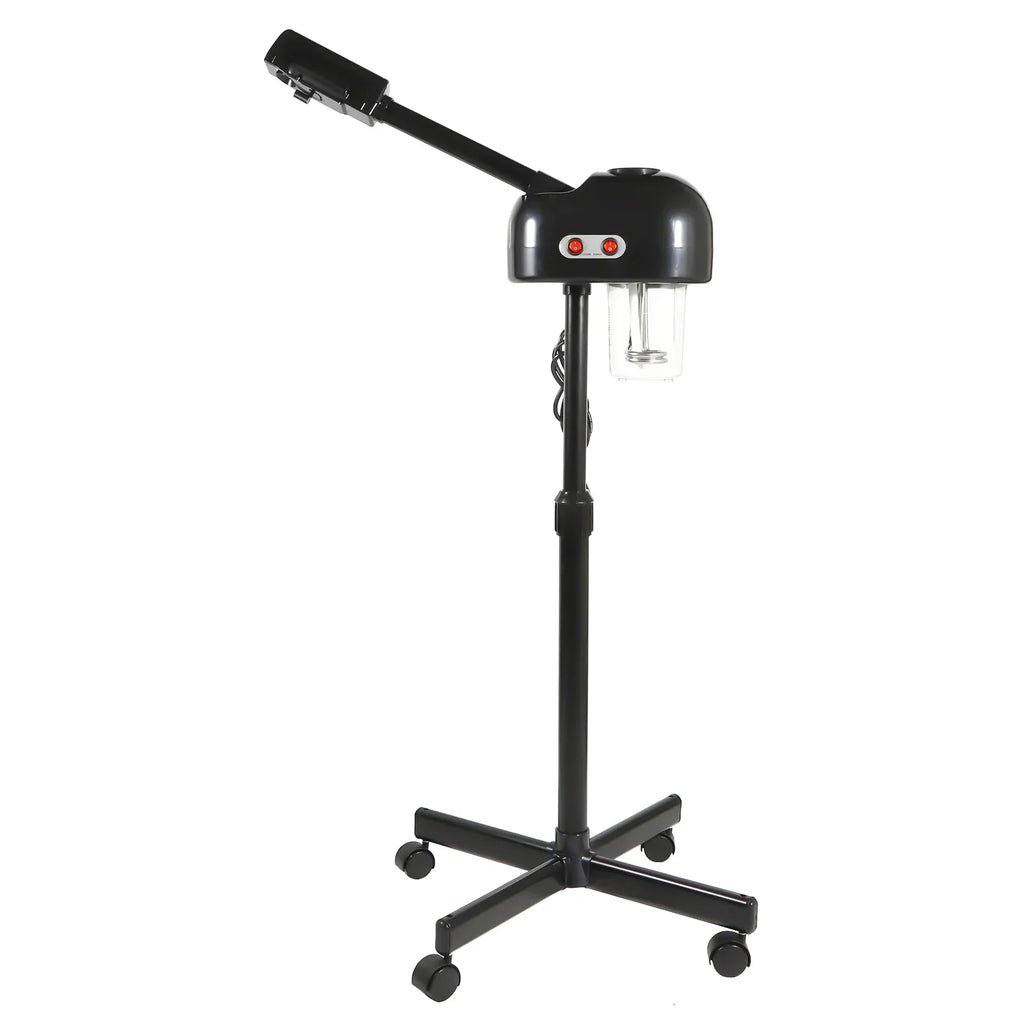 Black facial steamer on a rolling stand with an adjustable arm and clear water reservoir for spa or salon use.