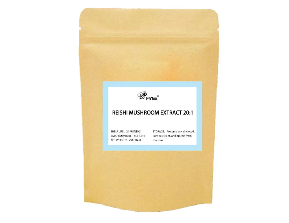 Reishi mushroom extract powder in a kraft stand-up pouch, a natural adaptogen supplement for health and wellness.