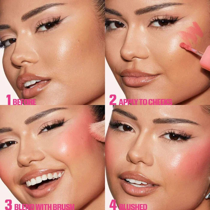 Model demonstrating application of hydrating cream rouge blush stick for natural, dewy lip and cheek color.