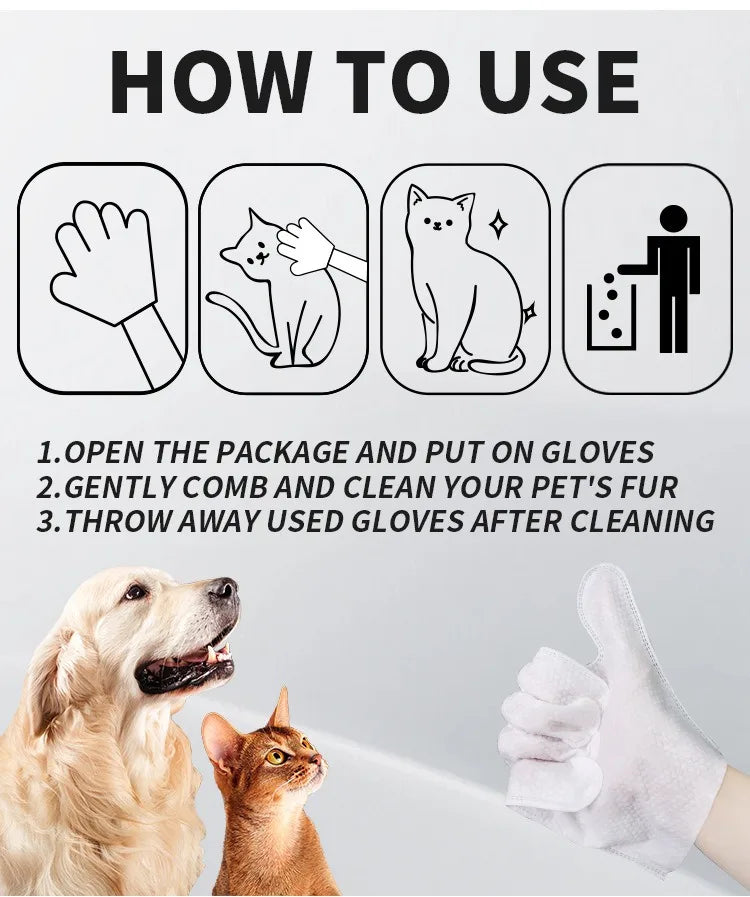 6pcs disposable wash-free pet cleaning gloves for cats and dogs, easy deodorizing wipes for fur grooming.