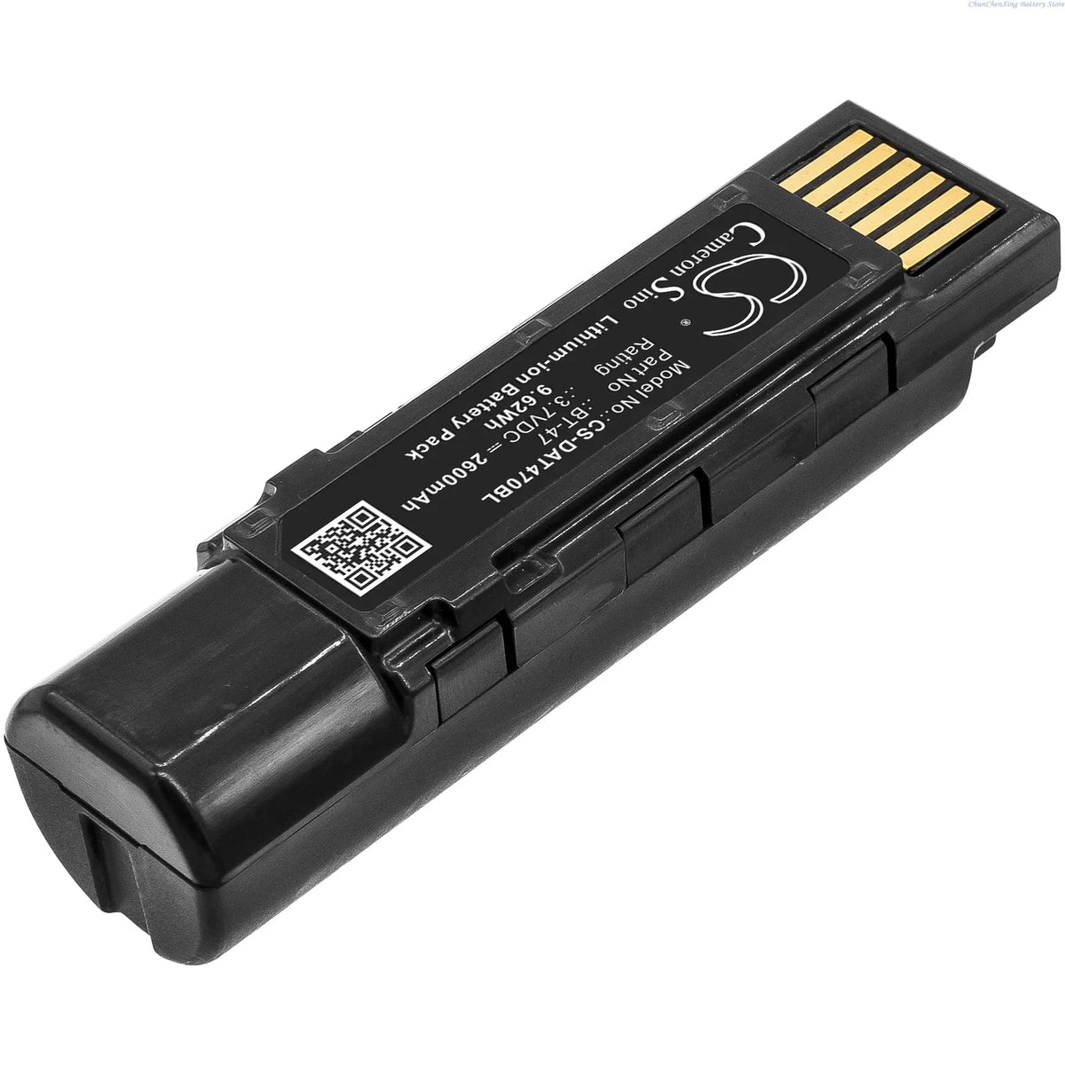 Black barcode scanner battery pack with exposed gold charging pins and latch details