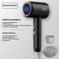 Black professional high-speed hair dryer with blue light negative ion technology, diffuser attachment, and gold accents.