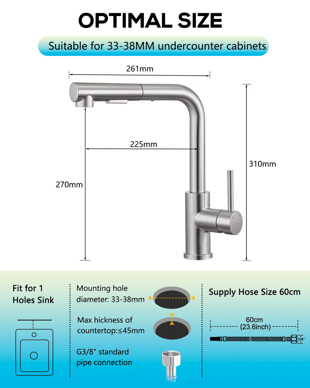 304 stainless steel kitchen tap, pull-out sprayer, brushed finish, 360° swivel, perfect sink mixer tap for kitchen toilet