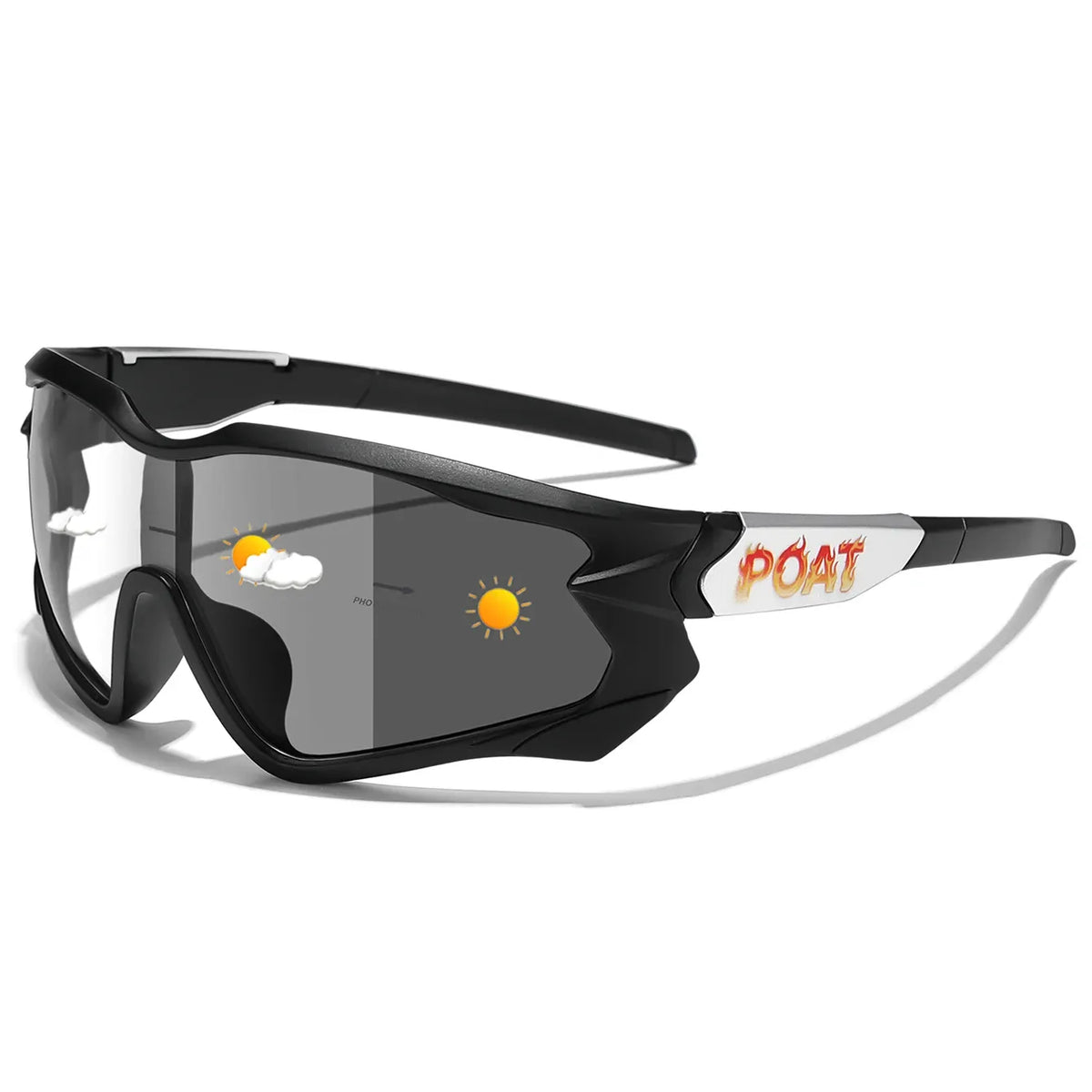 Photochromic sports eyeglasses with black frame and gray tinted lens, logo on temple
