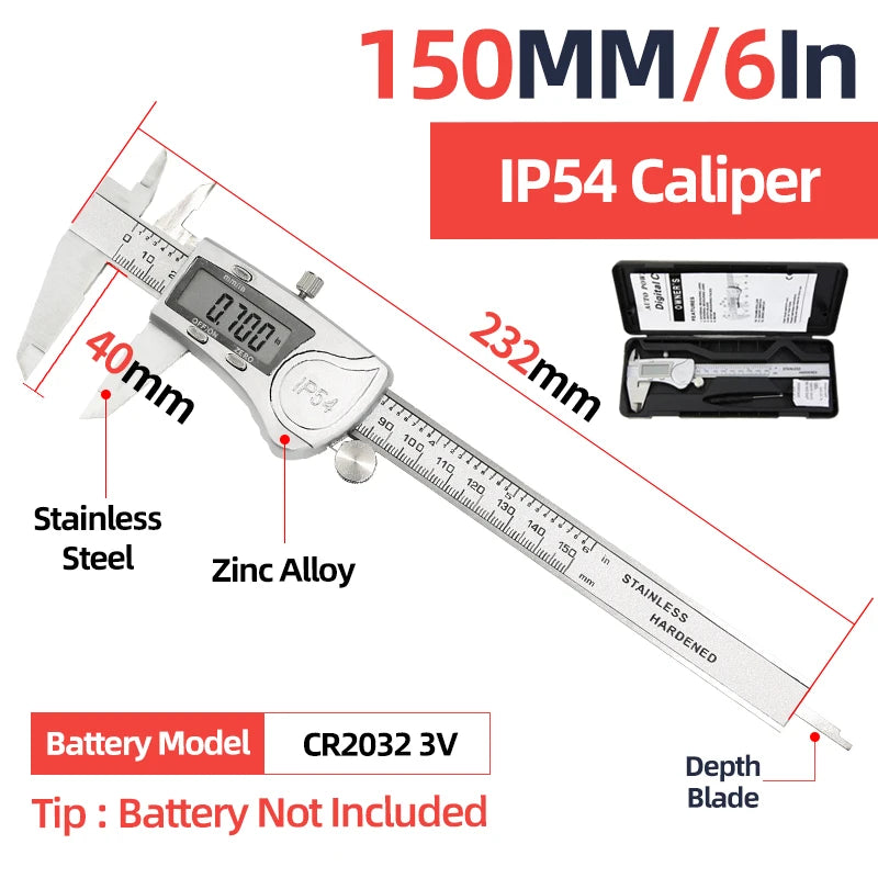IP54 digital caliper with LCD display and included case, stainless steel depth blade