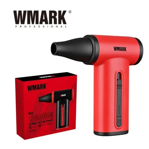 WMARK red professional 130000RPM turbo hair dryer blower with nozzle attachment and ergonomic portable design.