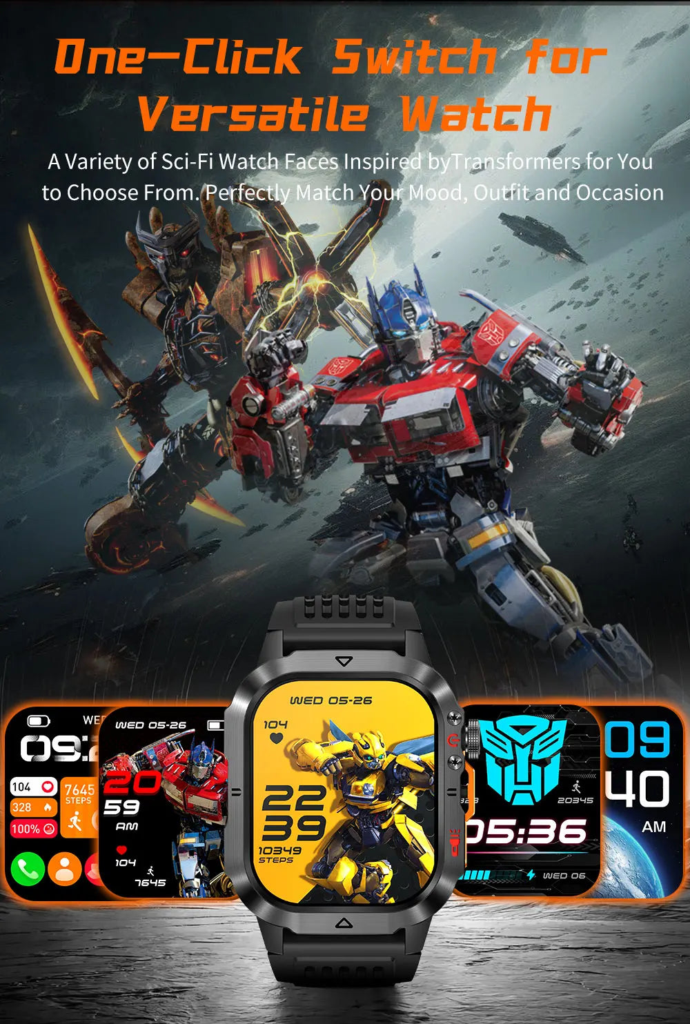 Official Transformers Men Military Smartwatch 1000mAh Big Battery 2.01" HD AMOLED Display Bluetooth Call Waterproof Smart Watch