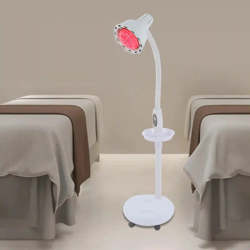 275W floor heat lamp for pain relief, with adjustable gooseneck, timer, remote, and rolling base for home therapy.