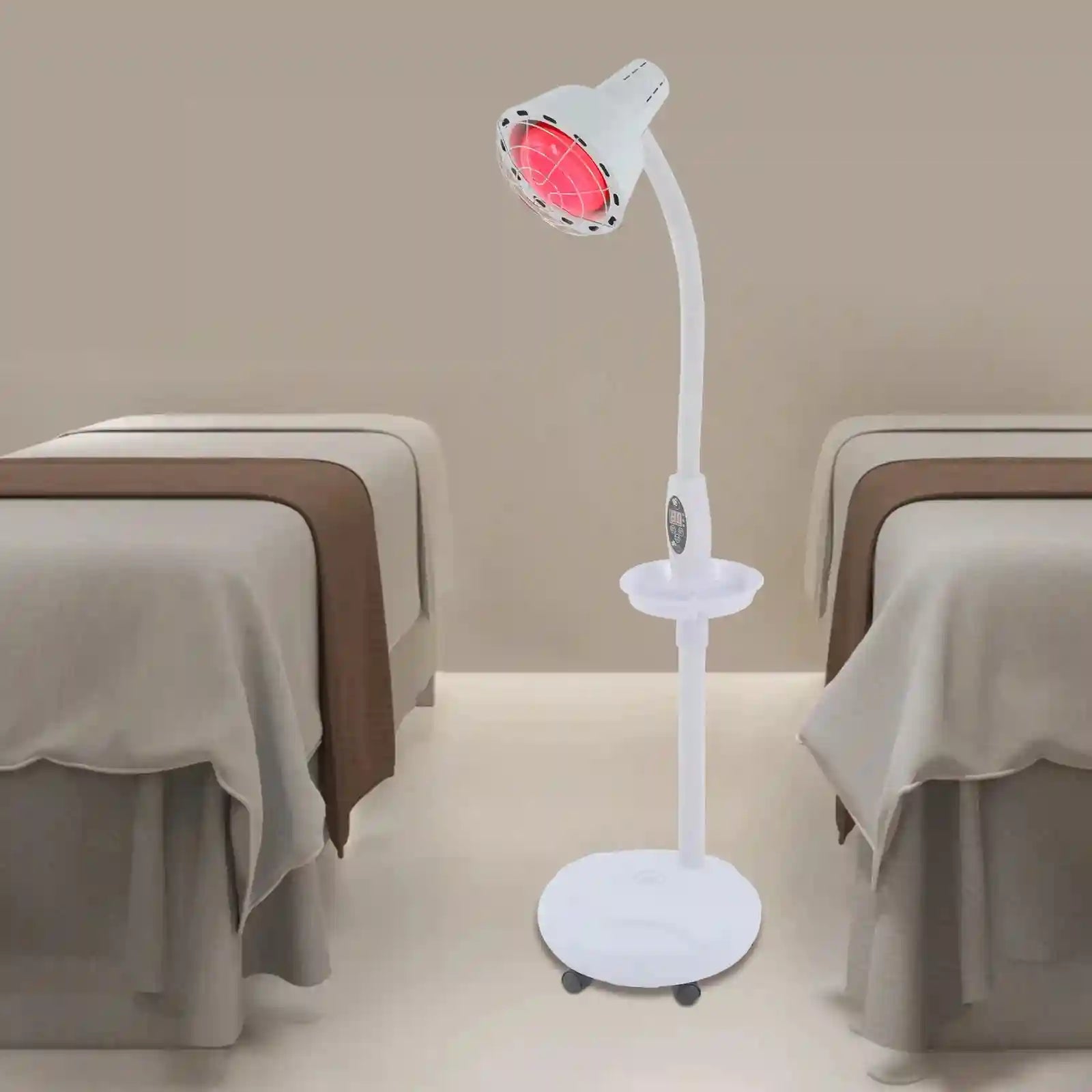 275W floor heat lamp for pain relief, with adjustable gooseneck, timer, remote, and rolling base for home therapy.