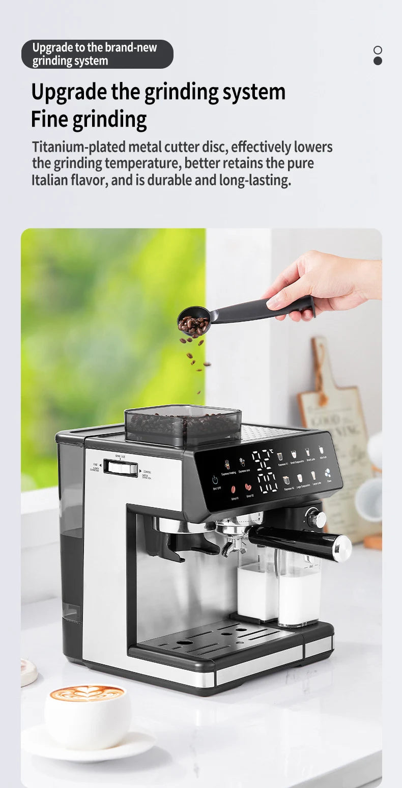 Silver and black espresso machine with titanium-plated grinder, digital touch display, and milk frother attachment.