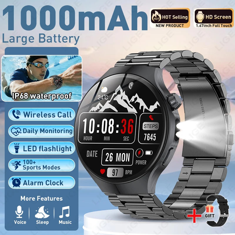 Smartwatch with black round display on dark metal link bracelet strap