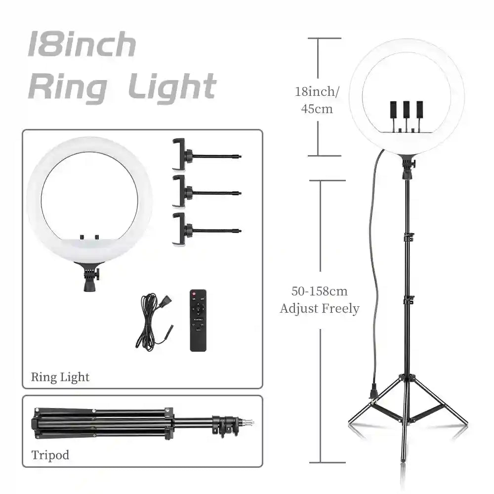 18 Inch LED Ring Light with Adjustable Tripod for Content Creation 150CM Tripod E Tidesmit