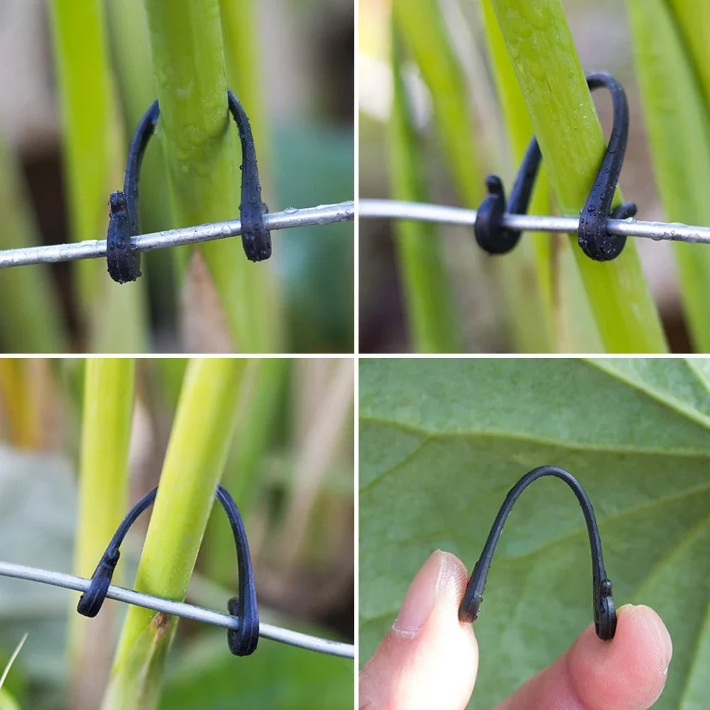 Black vine tie clips securing green stems to a wire trellis
