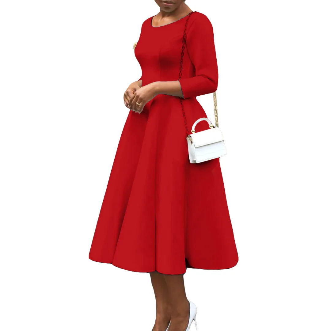 Elegant Pure Color Maxi Dress Evening Gown A- Line Skirt Polyester Fabric round Neck Short Sleeve High Waist Midi Dress