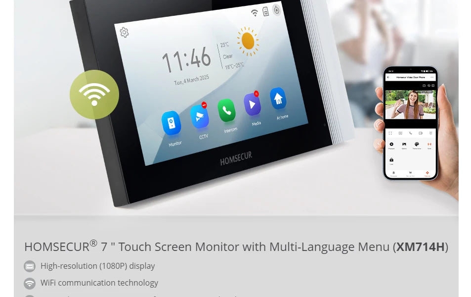 HOMSECUR 7” WIFI Tuya APP 4 Wire Video Door Phone Intercom System 1 Doorbell Camera 1 Indoor Monitor