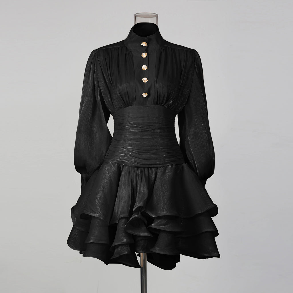 VGH Beach Style Solid Casual Short Dresses For Women Stand Collar Long Sleeve High Waist Spliced Button Chic Dress Female New