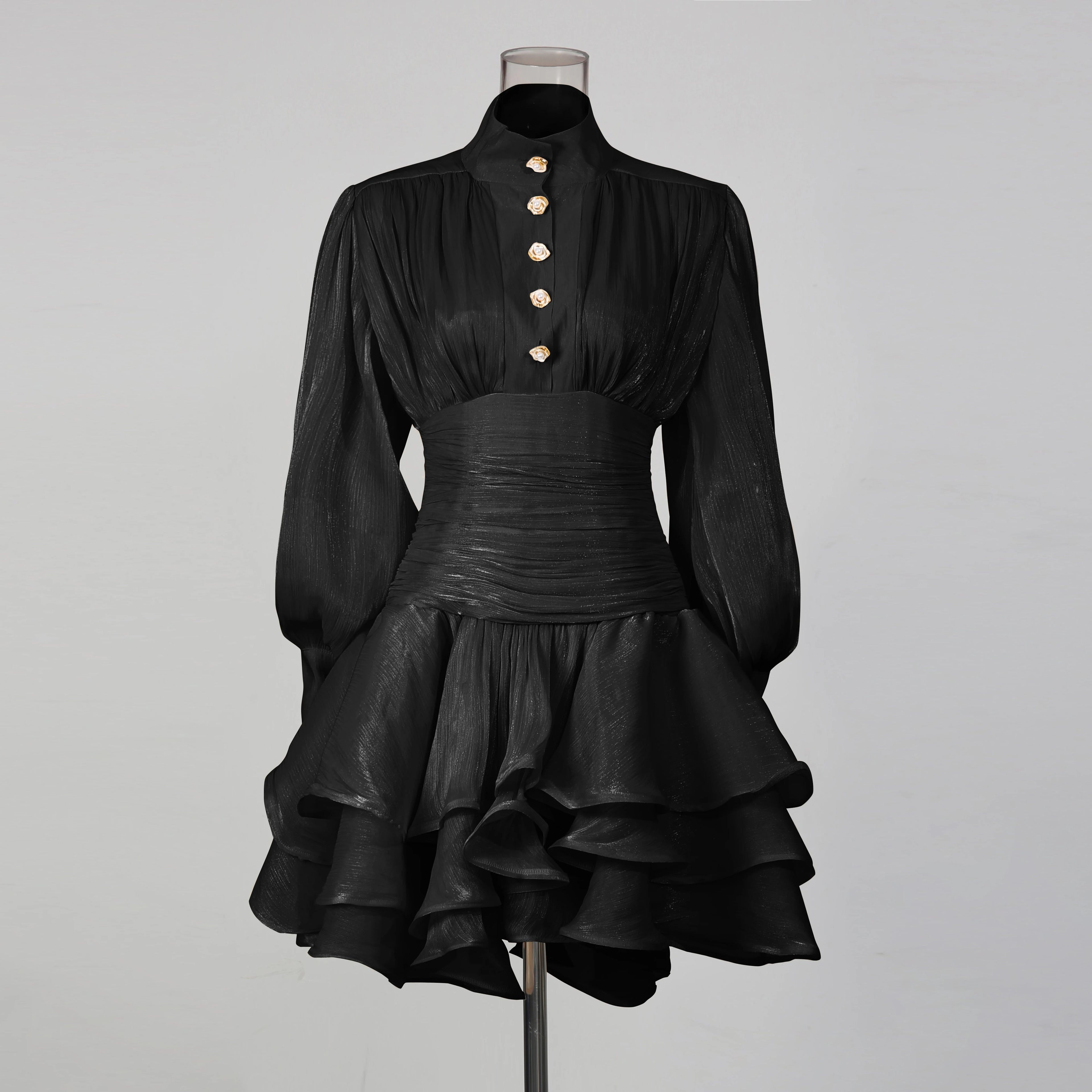 VGH Beach Style Solid Casual Short Dresses For Women Stand Collar Long Sleeve High Waist Spliced Button Chic Dress Female New