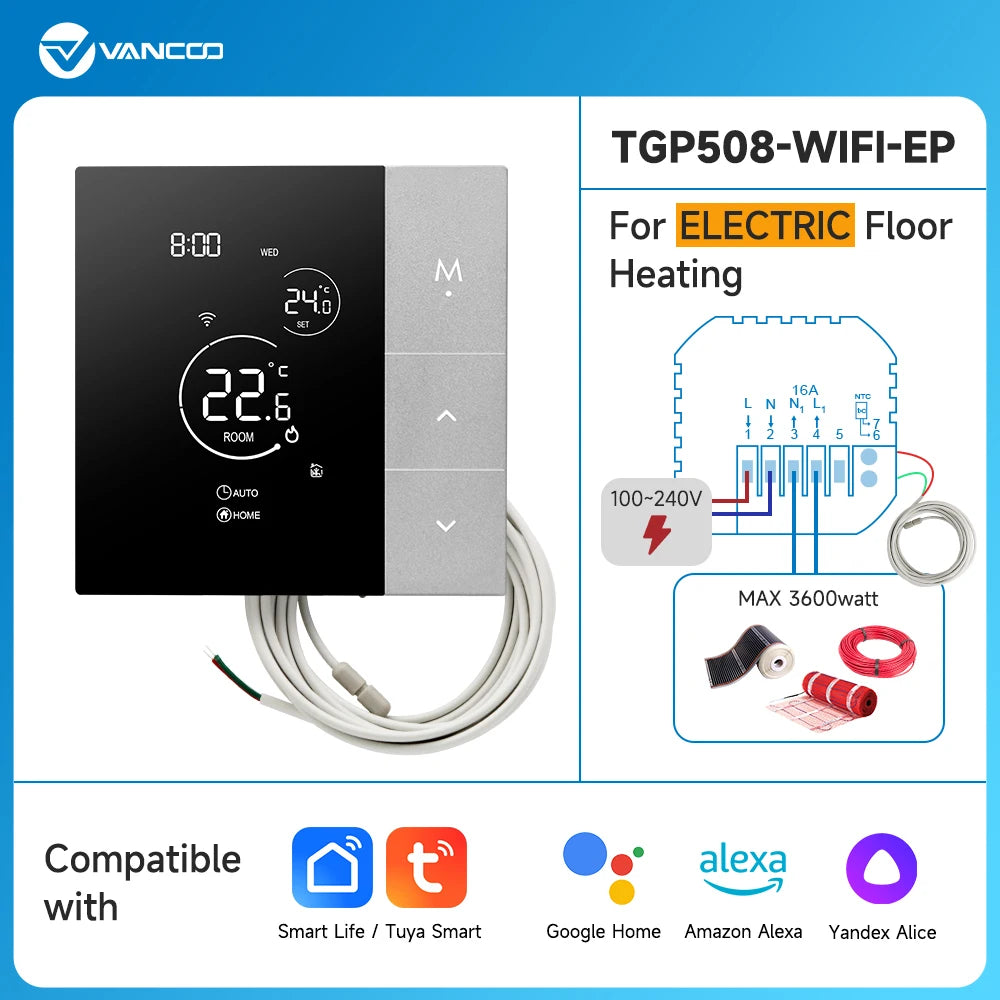 Smart WiFi thermostat package for electric floor heating, showing thermostat and wiring diagram with cables.