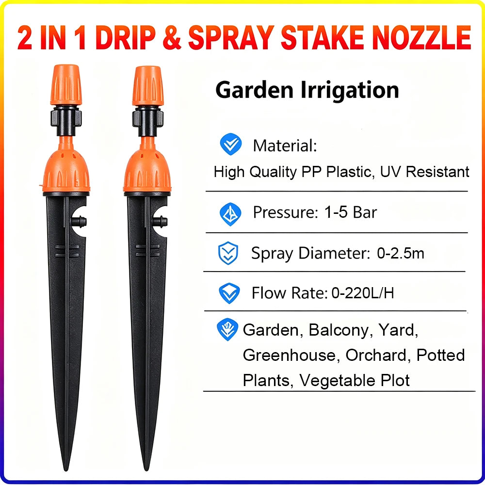 Pair of orange and black drip & spray stake nozzle units for 4/7mm tubing