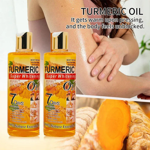 Two bottles of yellow Turmeric oil for anti-inflammatory skincare, body whitening, and skin repair.