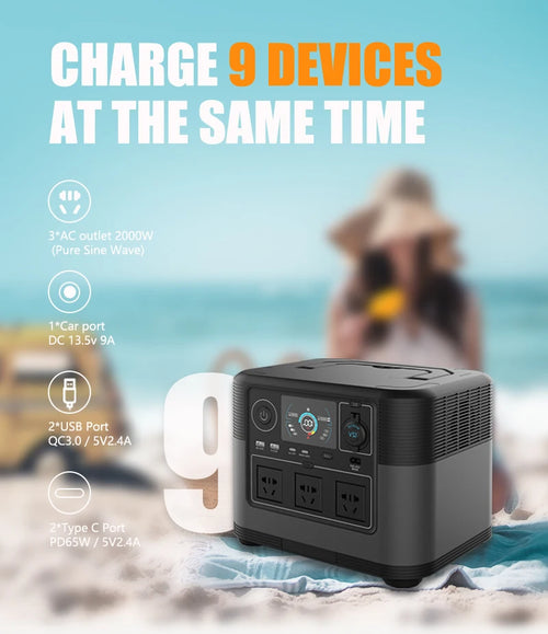 Black portable power station on a sandy beach, featuring a digital display, multiple AC, USB, and Type-C charging ports.