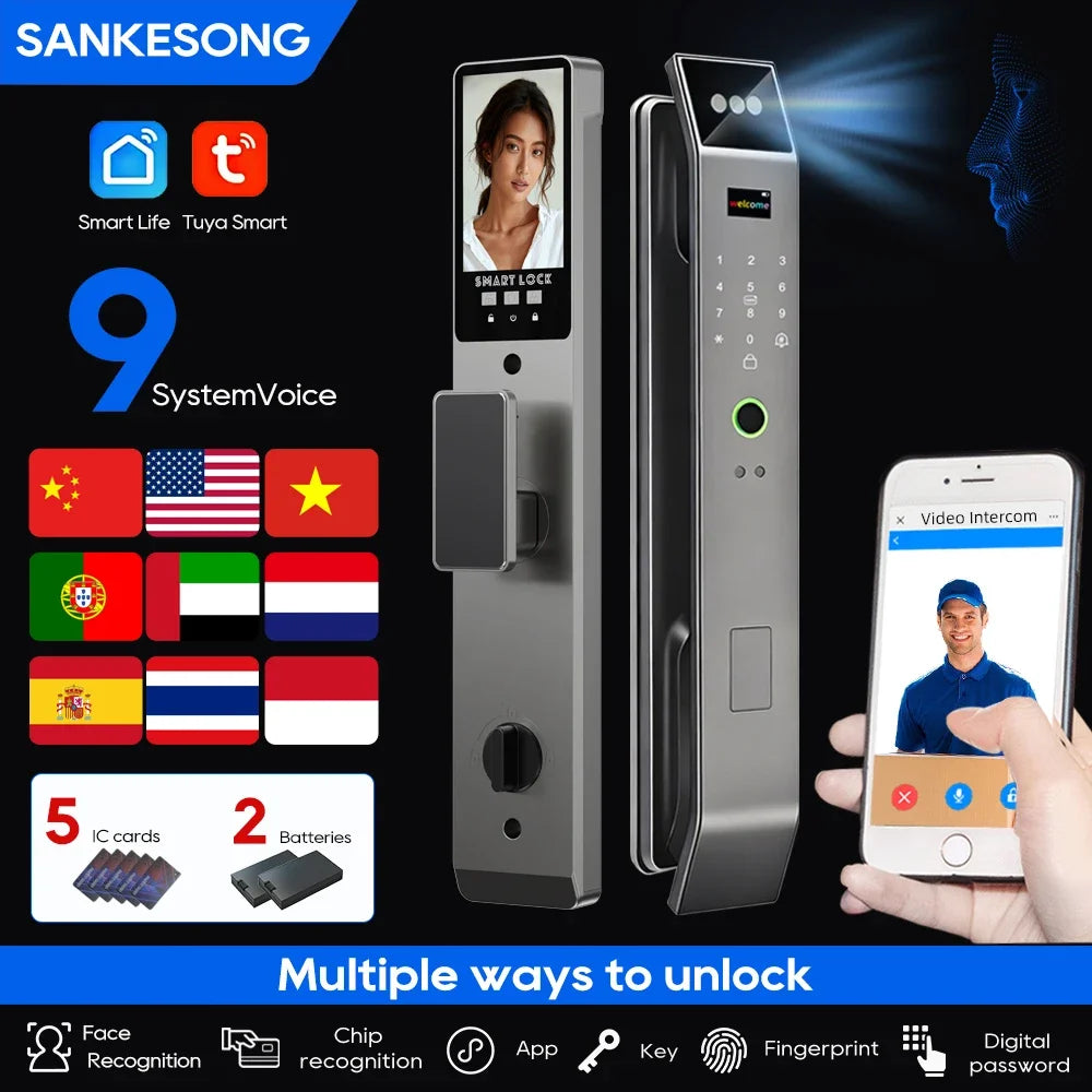 SANKESONG Tuya Smart 3D Face Door Lock with Security Camera Monitor Intelligent Fingerprint & Password Biometric Dual Battery