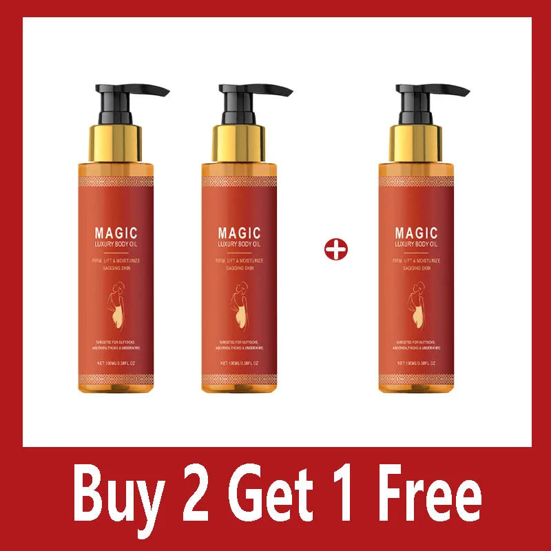 Three amber-colored pump bottles of Magic Luxury Body Oil with a "Buy 2 Get 1 Free" offer on a red background.