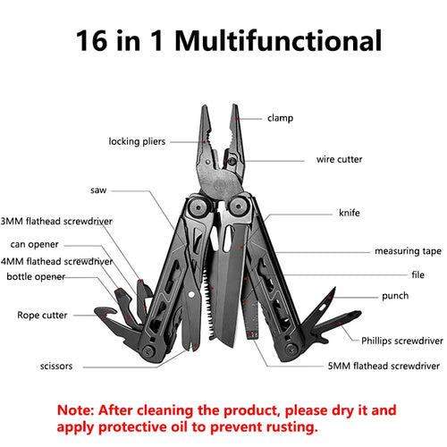 Folding 16-in-1 multitool pliers with clamp, wire cutter, and screwdriver bits, silver/black