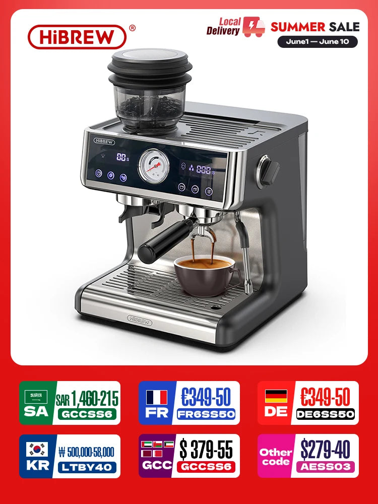 HiBREW black and silver espresso machine with integrated bean grinder, digital display, and pressure gauge.