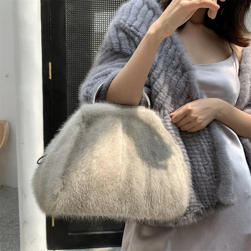 Women's Mink Fur Handbag 2026 New Fashion Designer Fluffy Fur Wrist Bag Large Capacity Soft Shopping Bag Girl Cute Handbag