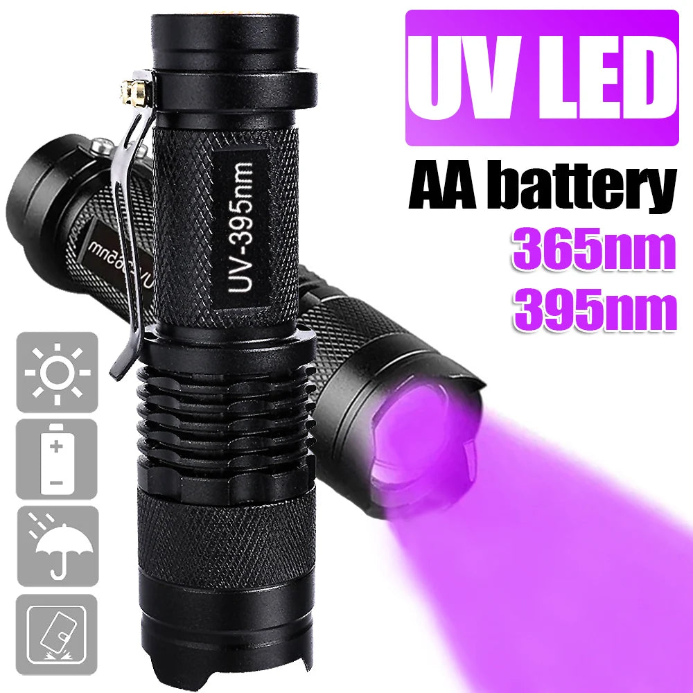 Portable black metal UV flashlight for detecting pet urine stains and odors, 365nm-395nm zoomable LED light.