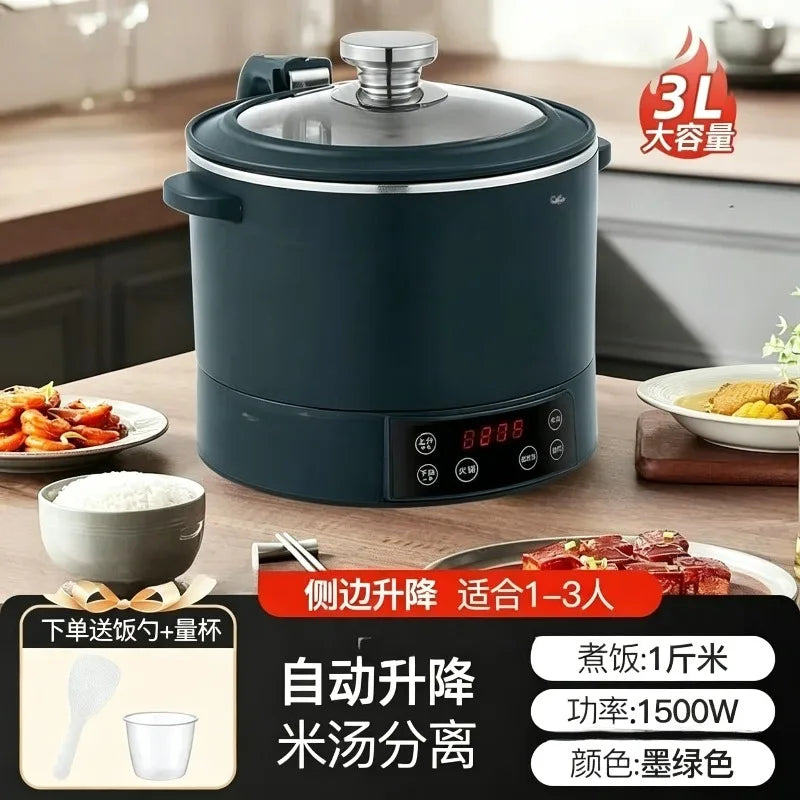 Dark green 3L electric rice cooker side view with stainless lid and digital panel