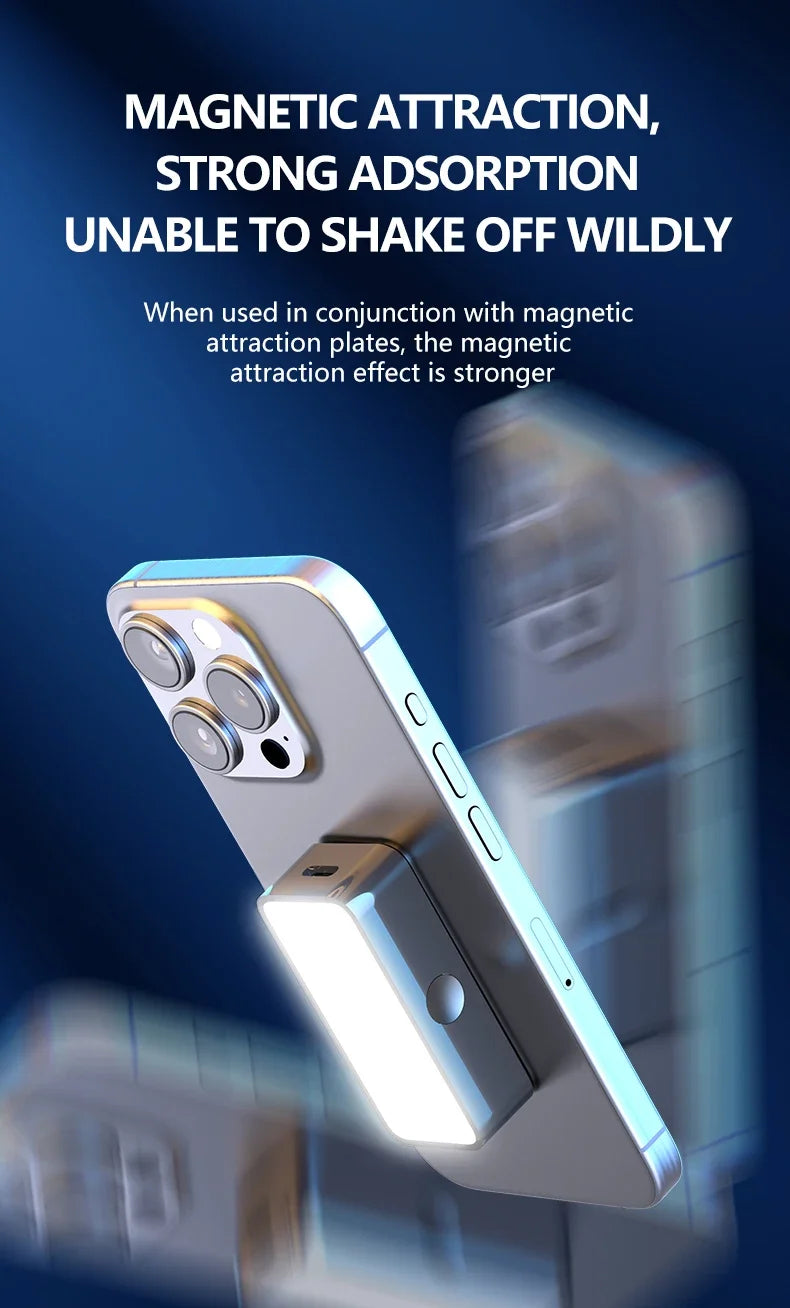 Small rectangular magnetic LED fill light attached to the back of a smartphone for supplemental photography lighting.