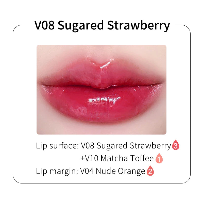 Glossy, bright pink lipstick shade V08 Sugared Strawberry applied to lips.